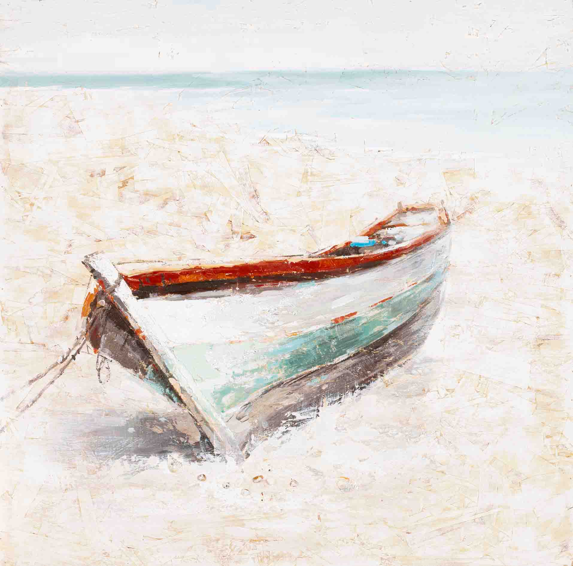 PXYW667 Wall décor art oil on canvas seascape boat on beach red white tones